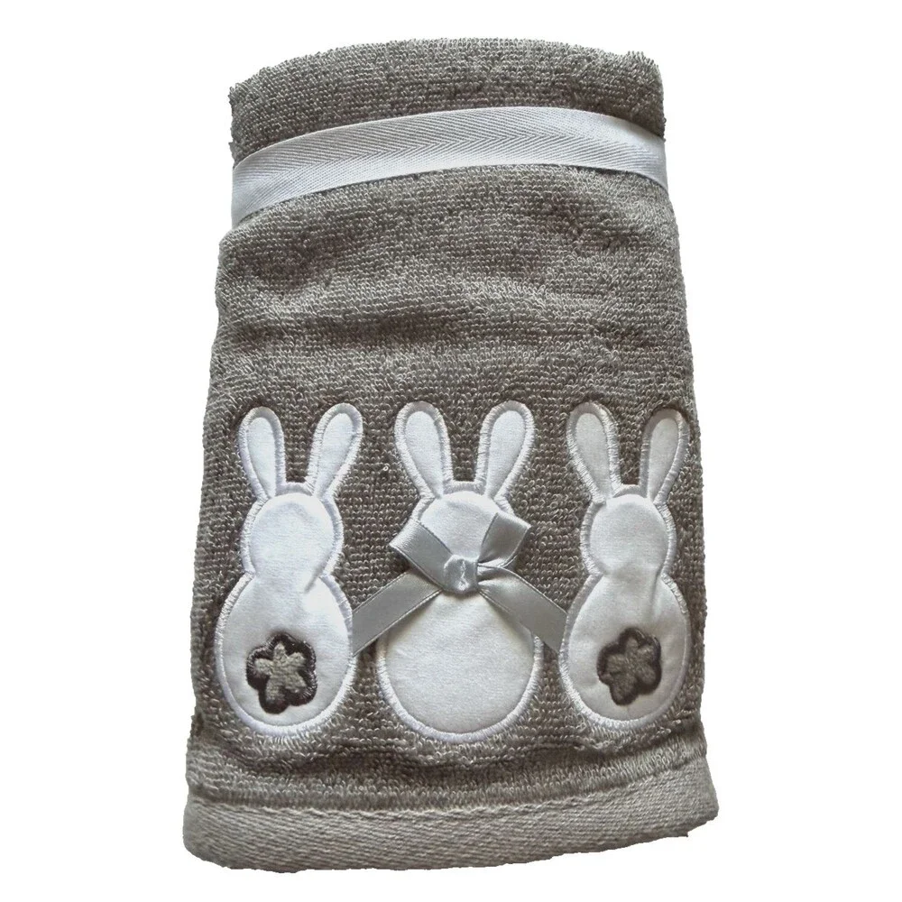 Casaba Hand Towels Easter Appliqued Embroidered White Bunnies Brown Set of 2